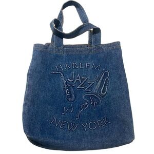 Vintage HARLEM NEW YORK JAZZ Denim Maxi Tote Bag Embossed, Cottagecore Dark Goth
